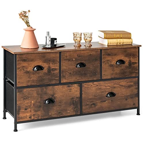 Rustic 5-Drawer Dresser with Fabric Bins and Steel Frame for Bedroom or Living Room - Brown