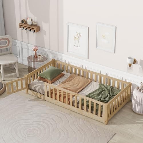 Grey Twin Size Montessori Bed Frame with Fence & Door, Easy Assemble