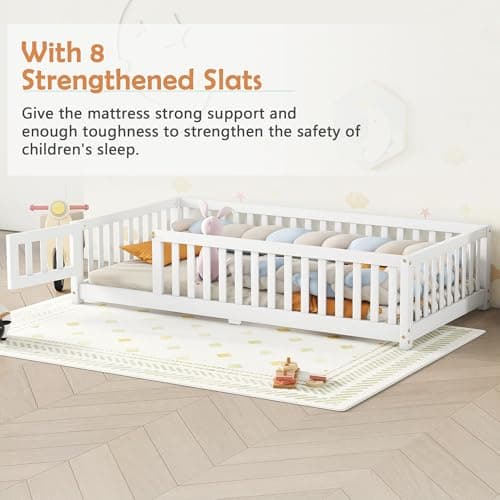Montessori Twin Size Floor Bed with Door and Guardrail, White Wood Playhouse Bed