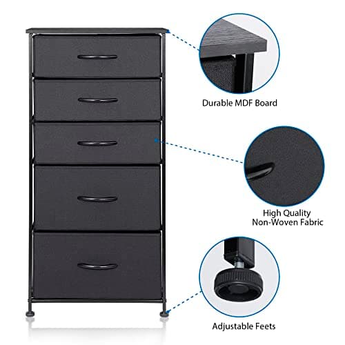 Black Vertical Storage Tower Dresser with 5 Drawers & Wood Top for Bedroom