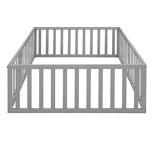 Full Size Montessori Floor Bed with Fence and Door, Grey Wood Daybed for Boys and Girls