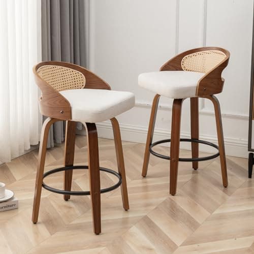 Mid-Century Modern Beige Rattan Swivel Bar Stool Set, 26" Walnut Finish