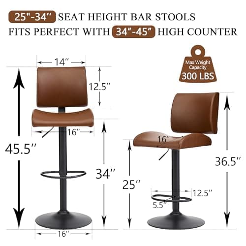 Modern Brown Adjustable Bar Stool Set with Back, Kitchen Island Seat (2PC)