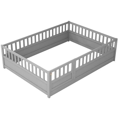 Gray Full Size Montessori Floor Bed with High Fence & Door