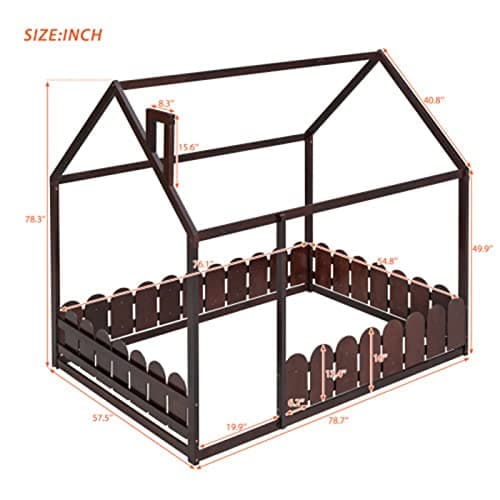 Wood House Bed Frame with Fence & Roof for Kids and Teens, Full Size Floor Bed with Guardrail, Espresso