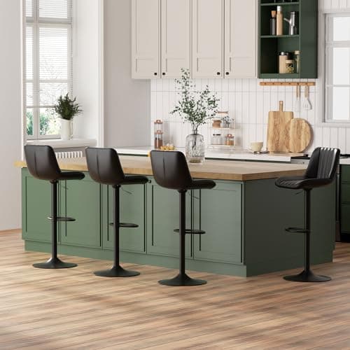 JAMFLY Set of 4 Adjustable Swivel Bar Stools for Kitchen Island, Black Leather