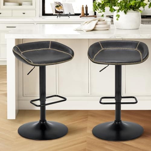 Adjustable Leather Swivel Bar Stools Set of 2 for Kitchen Island and Dining Room in Black