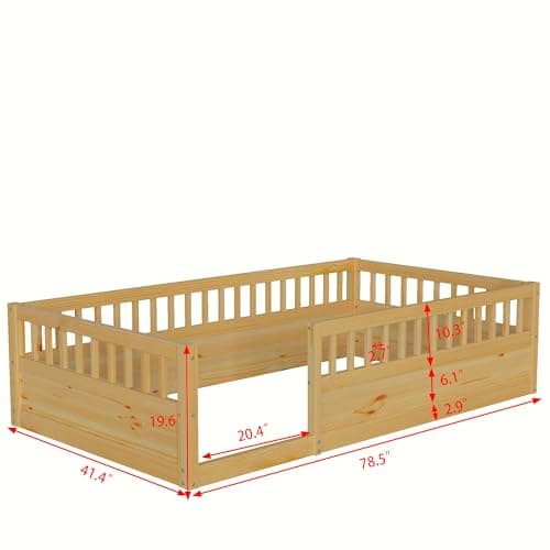 Twin Size Toddler Floor Bed Frame with High Rails & Montessori Design (Natural)