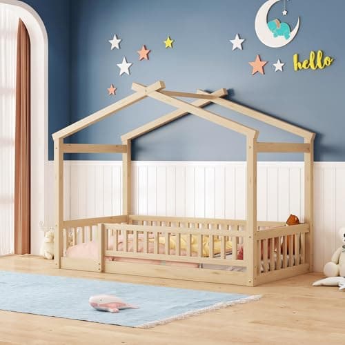 White Wooden Montessori Style Floor Bed with Fence for Kids