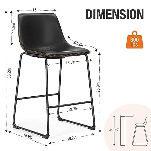 Sweetcrispy Modern Faux Leather Bar Stools Set of 4, 26 Inch Seat Height Black Chairs