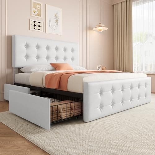 IDEALHOUSE Queen Size Linen Upholstered Bed Frame with 4 Drawers & Headboard, Dark Grey
