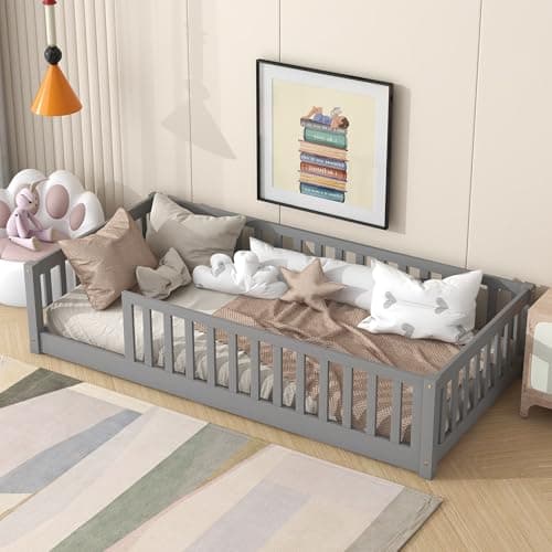 Sturdy Montessori Twin Floor Bed with Guardrail for Kids, No Box Spring Needed,Natural