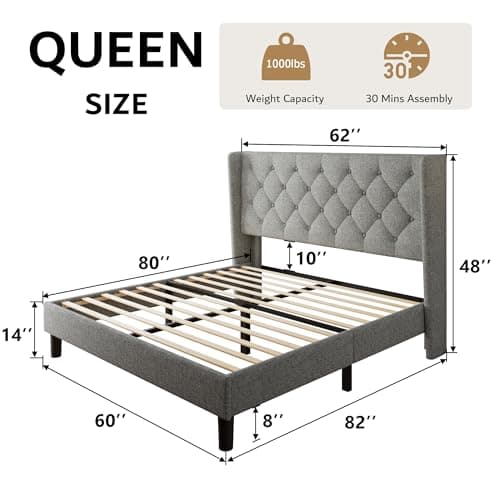 iPormis Queen Size Button Tufted Platform Bed, Light Gray, 8" Space Underneath