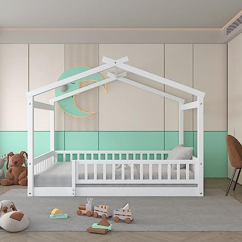 White Wooden Montessori Style Floor Bed with Fence for Kids