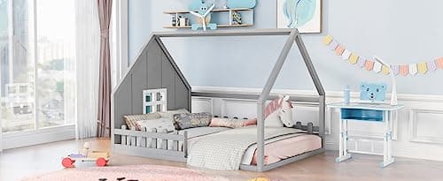 Wooden Montessori Floor Bed for Kids, No Box Spring Needed - Gray