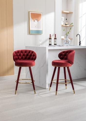 i-POOK Velvet Bar Stools Set of 2 with Swivel, Nailhead Trim, Tufted Back for Kitchen Island Pub - Claret Red