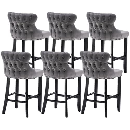 i-POOK Set of 4 Black Velvet Counter Height Bar Stools with Solid Wood Legs and Wing-Back Design