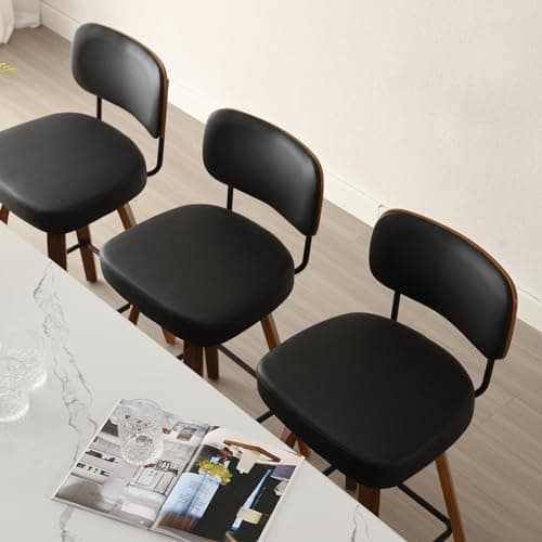 Set of 4 Swivel 26 Upholstered Faux Leather Bar Stools with Back and Wood Legs - Mid Century Modern Kitchen Counter Chairs in Black