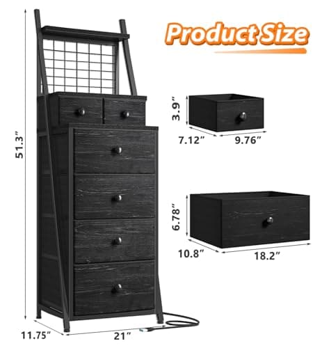 Tall Black Vertical Dresser with LED Lights for Bedroom