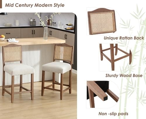 CIMOTA Linen Beige Rattan Farmhouse Bar Stool Set Mid Century Modern 26.5In