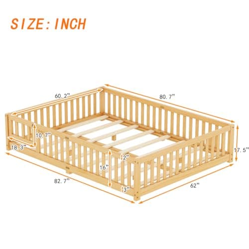 Montessori Floor Bed with Safety Guardrails and Door for Kids
