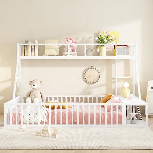 Full Size Kids' Safety Fence Floor Bed with Desk & Storage, Off White