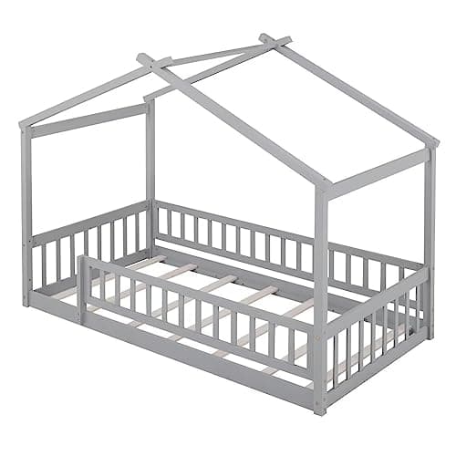 i-POOK Grey Wood Floor Bed with Fence & Roof for Kids