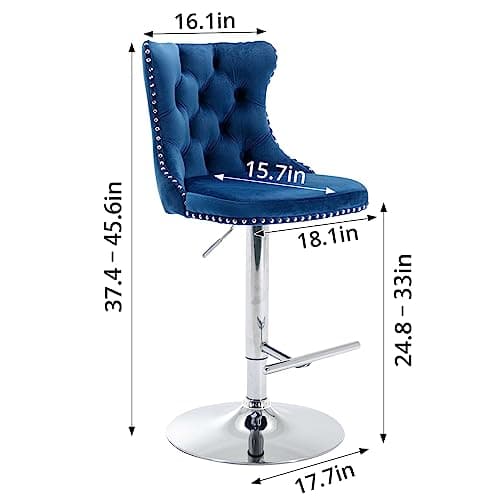 Velvet Swivel Barstools Set of 2, High Back with Nailheads Trim, Blue