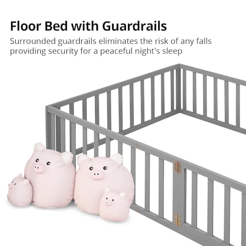 Wood Montessori Floor Bed for Children with Fence & Door, Gray
