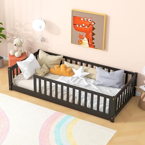 Espresso Toddler Twin Floor Bed with Fence, Easy Assembly