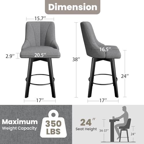 Fabric Swivel Bar Stools with Backs, 24 Counter Height Set of 2, Gray