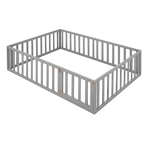 Full Size Montessori Floor Bed with Fence and Door, Grey Wood Daybed for Boys and Girls