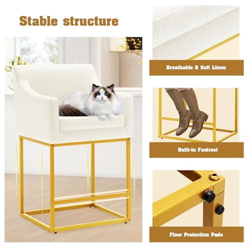 Modern 26" Counter Height Bar Stools, Linen Back, Gold Metal, Set of 3