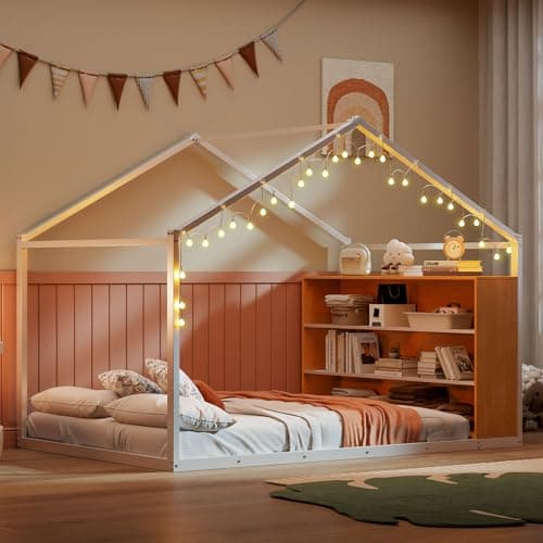 i-POOK Metal House-Shaped Full Size Bed Frame with Lights & Shelves, White
