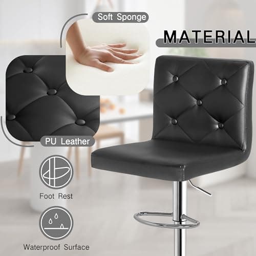 VECELO Set of 4 Adjustable Bar Stools - Modern PU Leather, 360° Swivel, X-Large Size, Black