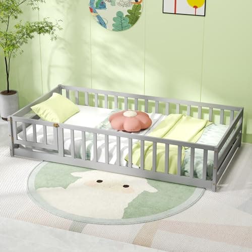 KOMFOTT Grey Twin Size Wooden Montessori Floor Bed with Safety Guardrails & Door