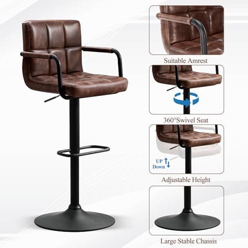 Furniliving Dark Brown Swivel Bar Stool Set, Adjustable Kitchen Counter Height