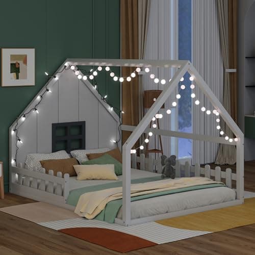 Merax Wood Montessori Full Size Floor Bed with LED Light, Grey