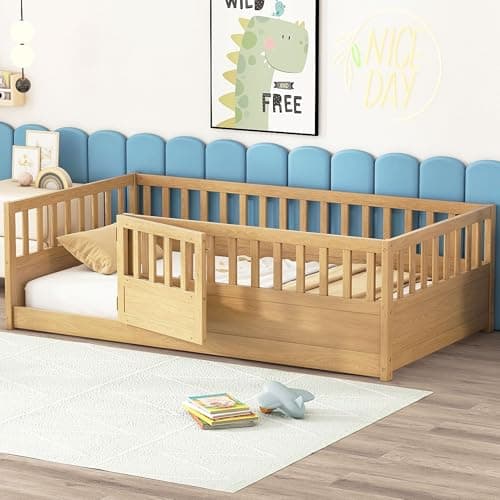 Full Size Wood Montessori Bed with High Fence & Door, No Box Spring Needed