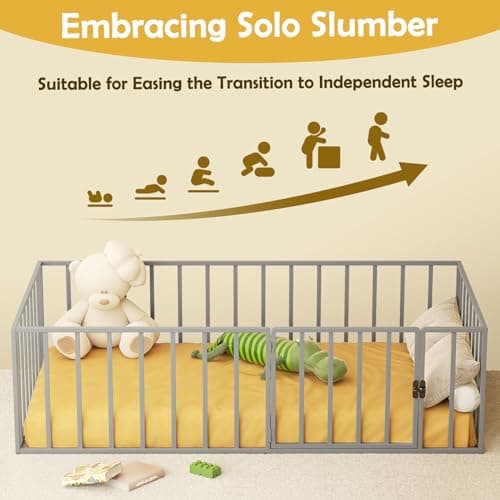 ROOMTEC Montessori Twin Floor Bed Frame with Fence & Door Easy Assembly