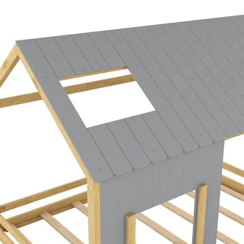 i-POOK Twin Size House Bed with Roof and Window, Gray+Natural