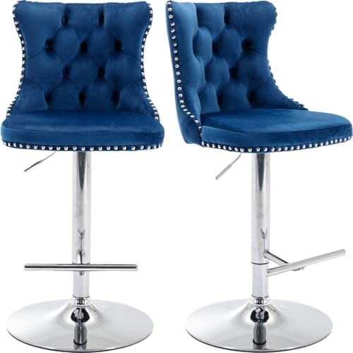 Navy Velvet Swivel Bar Stools, Tufted Back, Silver Chrome Base (2 Pcs)