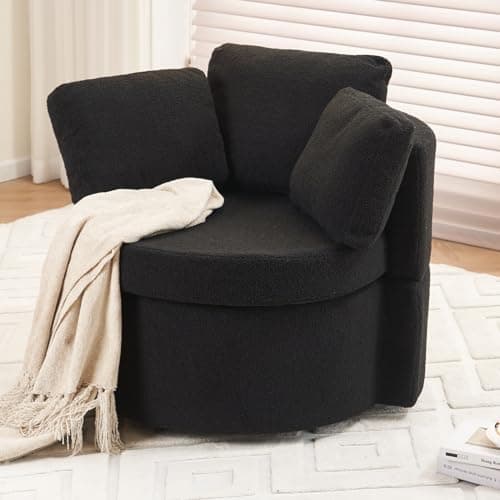 Swivel Accent Chair with Storage, Teddy Barrel Chair with Metal Base, Single Sofa Chair for Living Room, Black Color