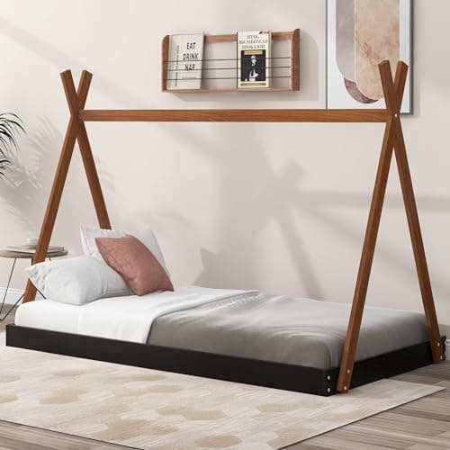 Montessori Style Black & Brown Wood Teepee Bed for Kids Box Spring Required