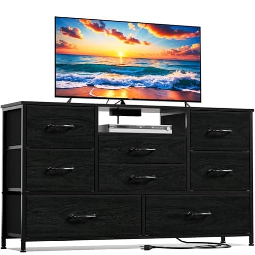 Furnulem Black Oak TV Stand with Power Outlet for 55" TVs