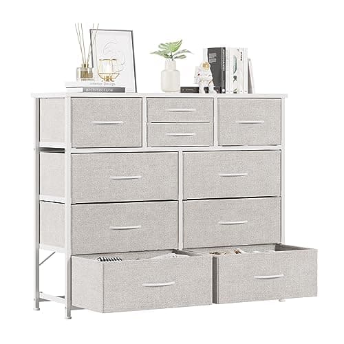 LUMTOK 10-Drawer Fabric Dresser, Steel Frame, Wood Top (Grey)