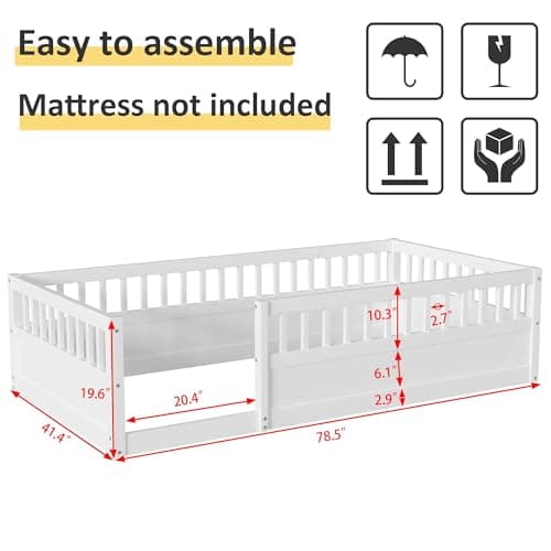Twin Size Floor Bed with High Fence, Solid Wood Montessori for Kids, White