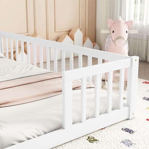 i-POOK Double Twin Bed Frames for 2 Kids, White Wooden Floor Beds