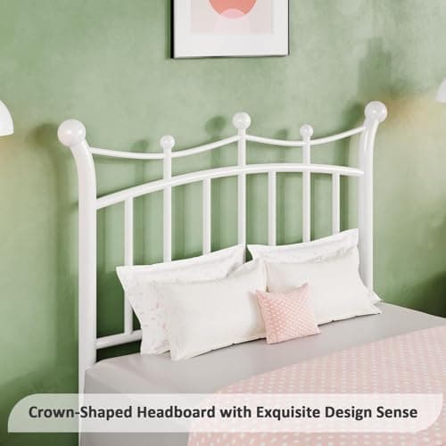 Hombck White Metal Twin Bed Frame with Crown Headboard