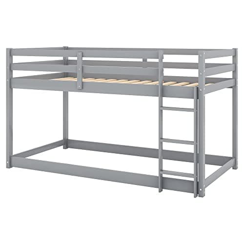 Twin Over Twin Bunk Bed with Ladder & Full-Length Guardrail for Dormitory and Bedroom, Grey Color, 400LBS Capacity